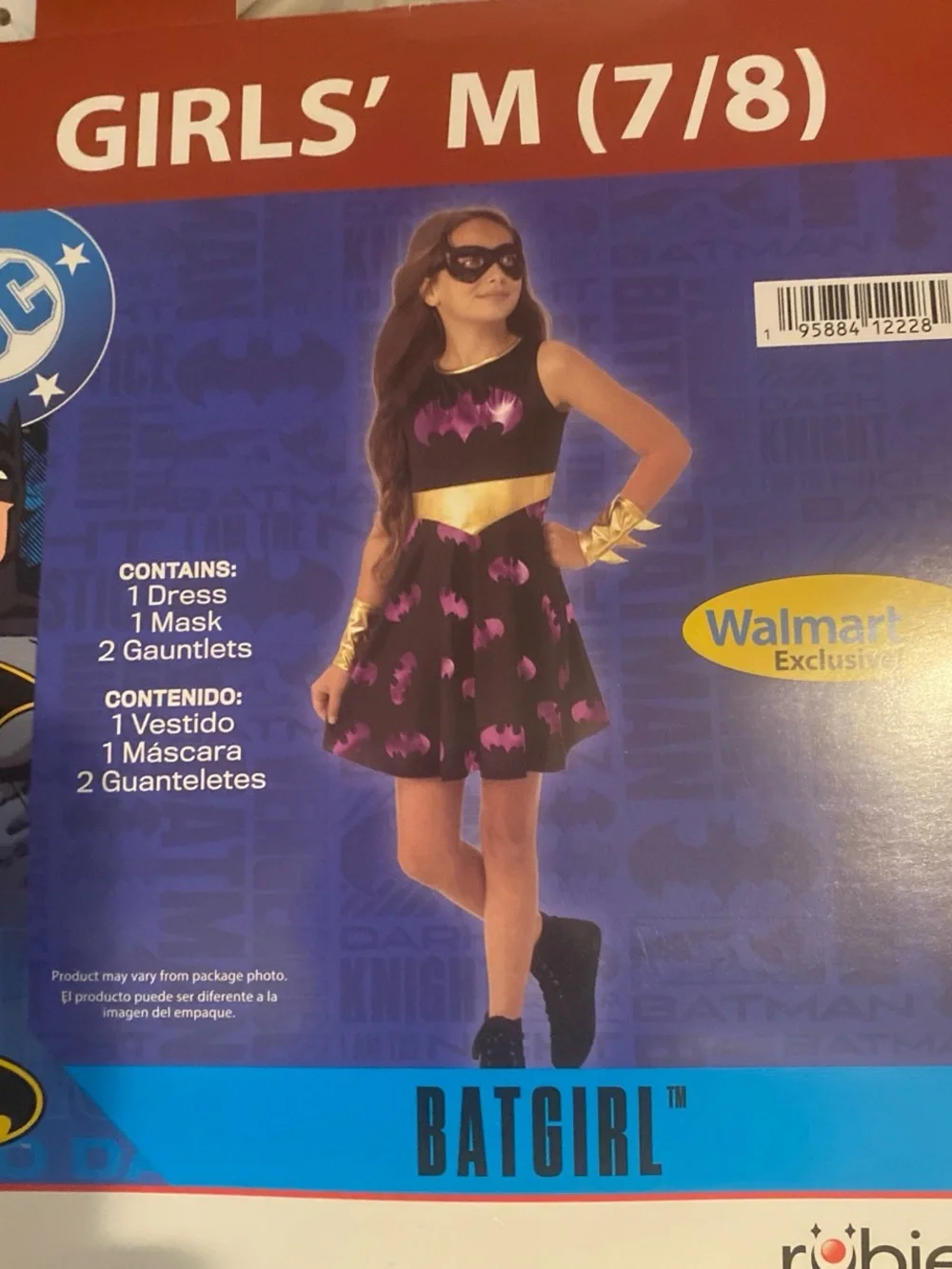 Batgirl Girls' costume with Pink Bat Motif and Gold Waistband